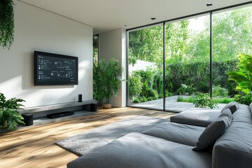 An interactive display and smart home devices are featured in this modern living room.