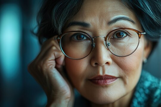 Middle-aged Asian Woman with Hyperopia Struggling with Blurry Vision