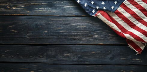 Obraz premium American flag draped on rustic wooden table background during a quiet moment of reflection
