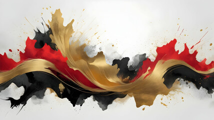 Rough textured background with a mix of jagged lines, splashes, and subtle smoke wisps. Using a three-color combination, red, gold, black. The elements make it feel organic and energetic.