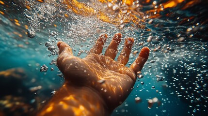 Fototapeta premium Dramatic underwater shot of a hand reaching upwards, surrounded by bubbles and illuminated by golden light.