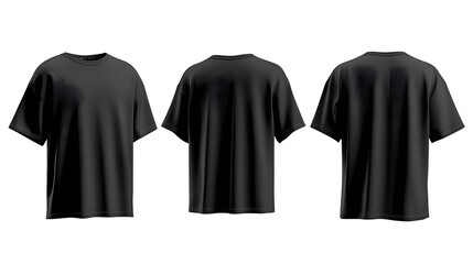 Set of black oversized loose Drop Shoulder tee t shirt round neck front, back and side view on transparent background