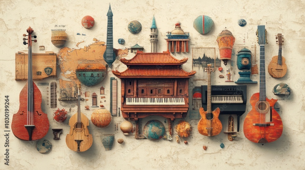 Poster a collection of musical instruments and other objects arranged around a small wooden temple.