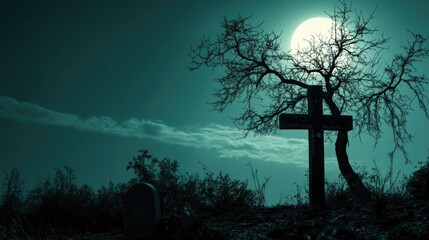 A dark Halloween background with a graveyard cross and a lifeless tree silhouetted under a haunting moonlit sky.