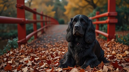 A black cocker spaniel sits on a red bridge in autumn.