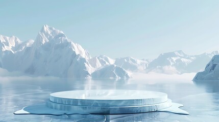 White podium on the water with mountains in the background