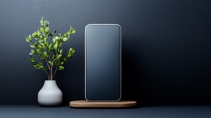Handphone smartphone mock up, black modern sleek wall, plant, smart electronic products