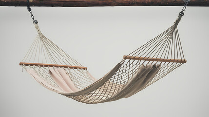 Relaxing hammock gently swaying, suspended between wooden beams, perfect for lounging and enjoying peaceful moments.