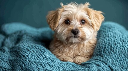 A colorful studio lighting highlights the cuteness and playful demeanor of a miniature poodle puppy with fluffy white fur and expressive eyes on a blue background