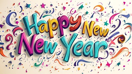 Whimsical "Happy New Year" text in curly, hand-drawn letters, bright colors like teal, purple, and lime green, surrounded by swirling lines, stars, and confetti shapes, subtle shadows adding depth,