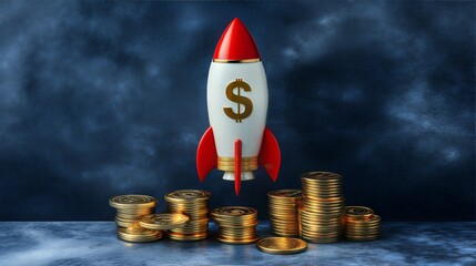 Rocket Shaped Piggy Bank with Dollar Sign and Growing Stacks of Gold Coins for Financial Growth Concept