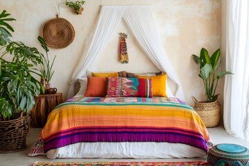 Boho Chic Bedroom with Tropical Decor and Cozy Canopy