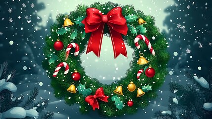 Cartoon Christmas wreath decorated with candy canes and bells