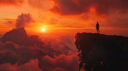 Fototapeta premium A hero figure standing on a cliffside, silhouetted against a dramatic sunset. 