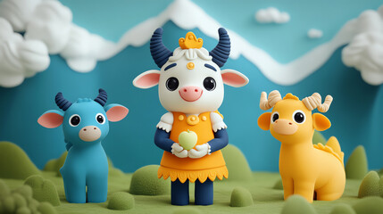 Naklejka premium Three playful, colorful animal figurines in a whimsical landscape, featuring a cow, a blue calf, and a yellow deer against a bright, cheerful background.