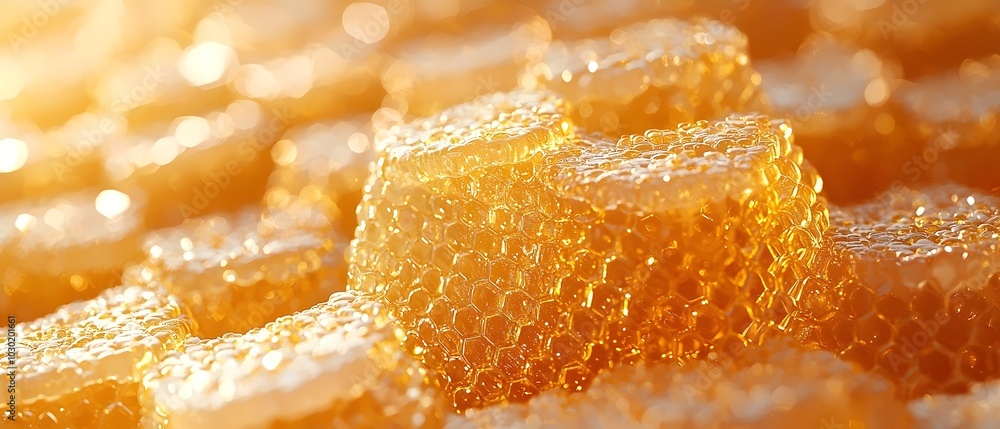Poster close-up of golden honeycomb, showcasing the intricate hexagonal structure and glistening surface.