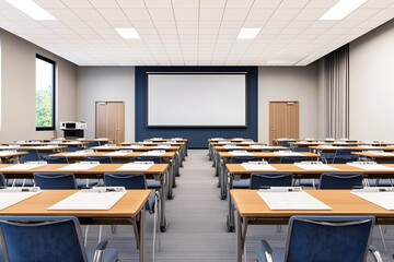 Empty Classroom With Desks And Chairs Ready For Lecture Or Training Session