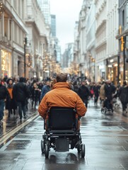 Person in Electric Wheelchair on Busy City Street
