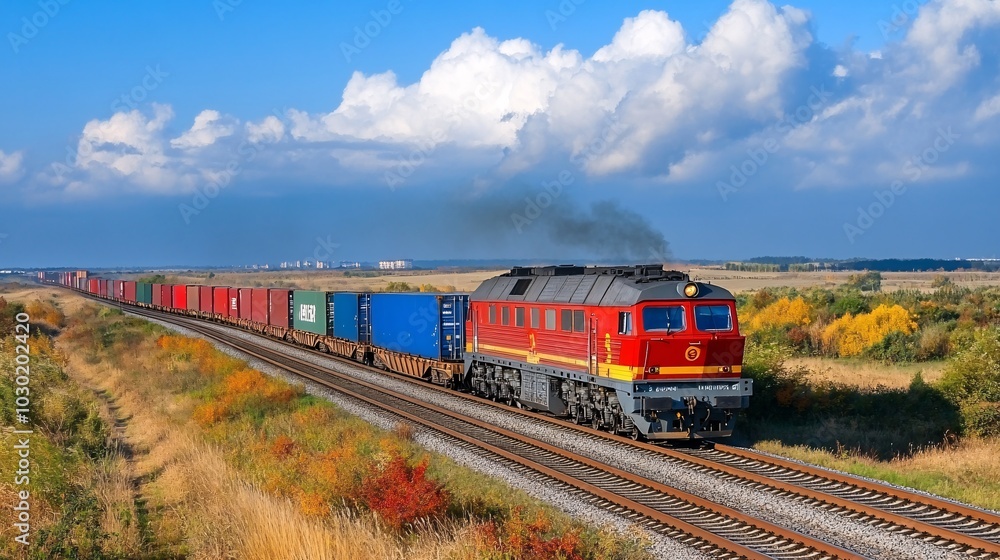 Poster freight train loaded with containers moving through a rural landscape on its way to the city stock p
