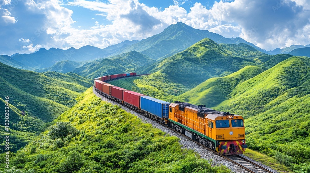 Poster freight train loaded with containers moving through a rural landscape on its way to the city stock p