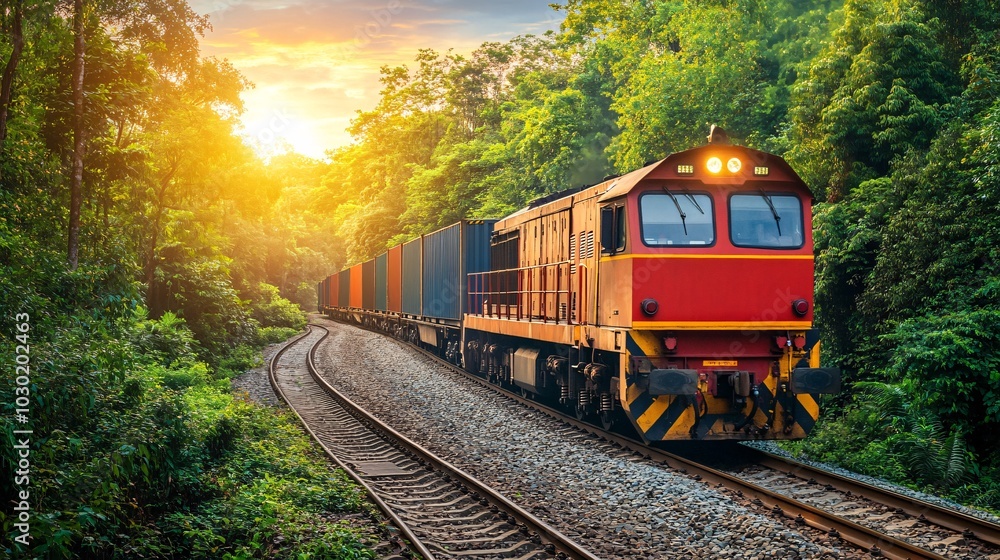 Poster freight train loaded with containers moving through a rural landscape on its way to the city stock p