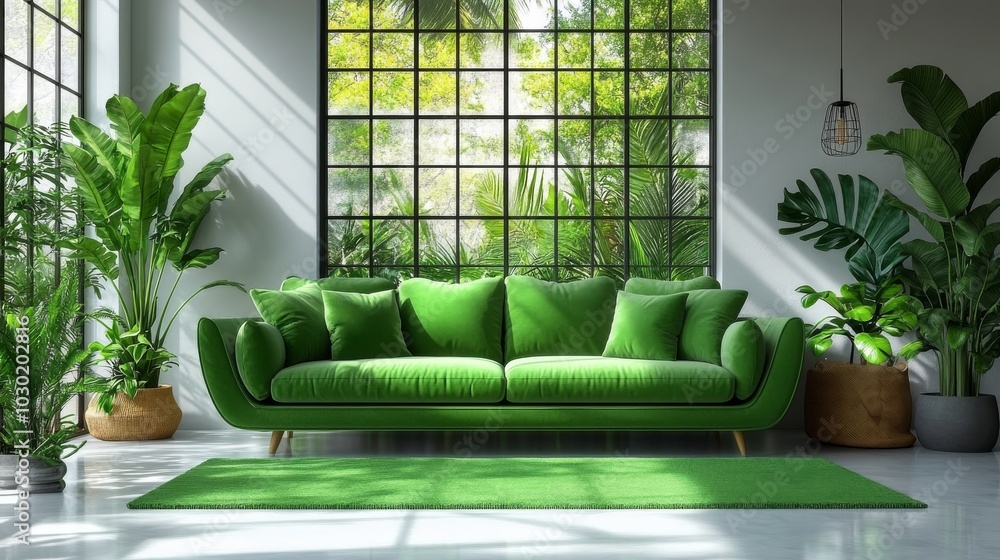 Sticker A bright, modern living room with a green couch and indoor plants