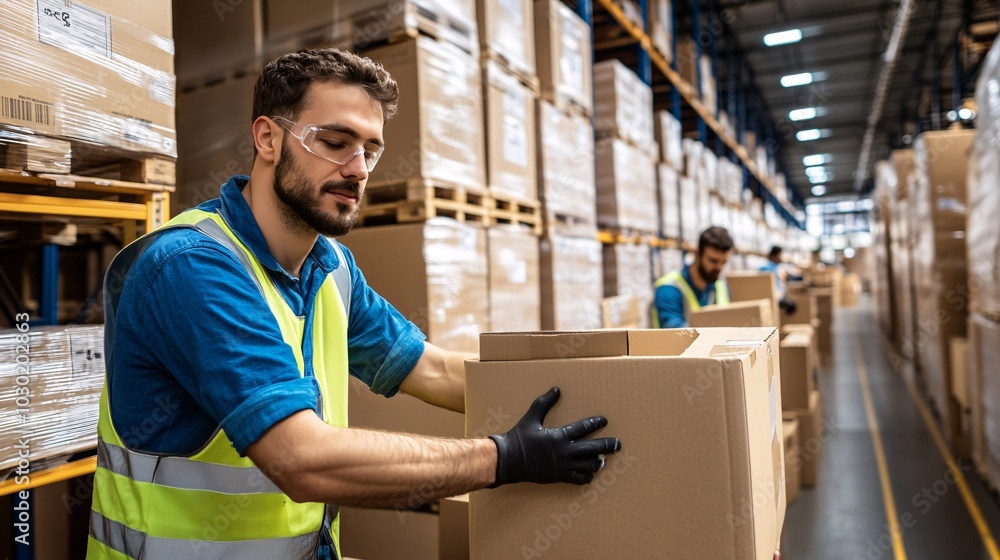 Aufkleber logistics workers using robotic systems to pack and ship products in a high-tech warehouse stock pho