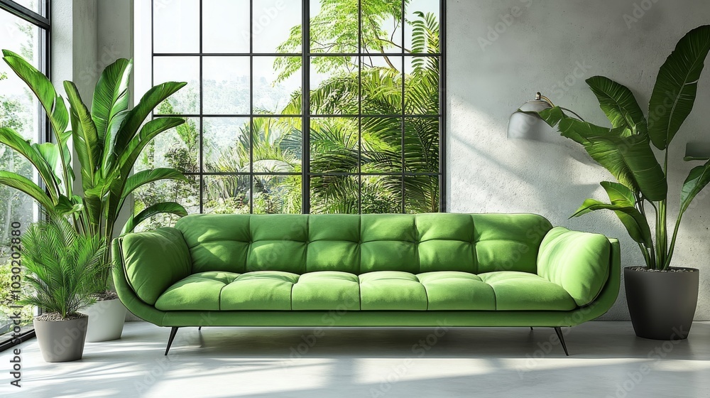 Poster Green Couch in Modern Minimalist Living Room and Indoor Plants in Sunlit Space