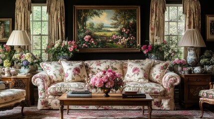 We offer living room furniture, sofas, and home decor in countryside cottage style, generative stock, and elegant country lounge decor.