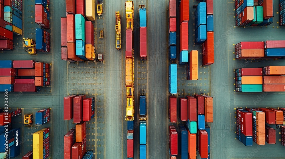Poster Overhead view of a sprawling logistics hub with trucks and containers moving goods efficiently Stock Photo with side copy space