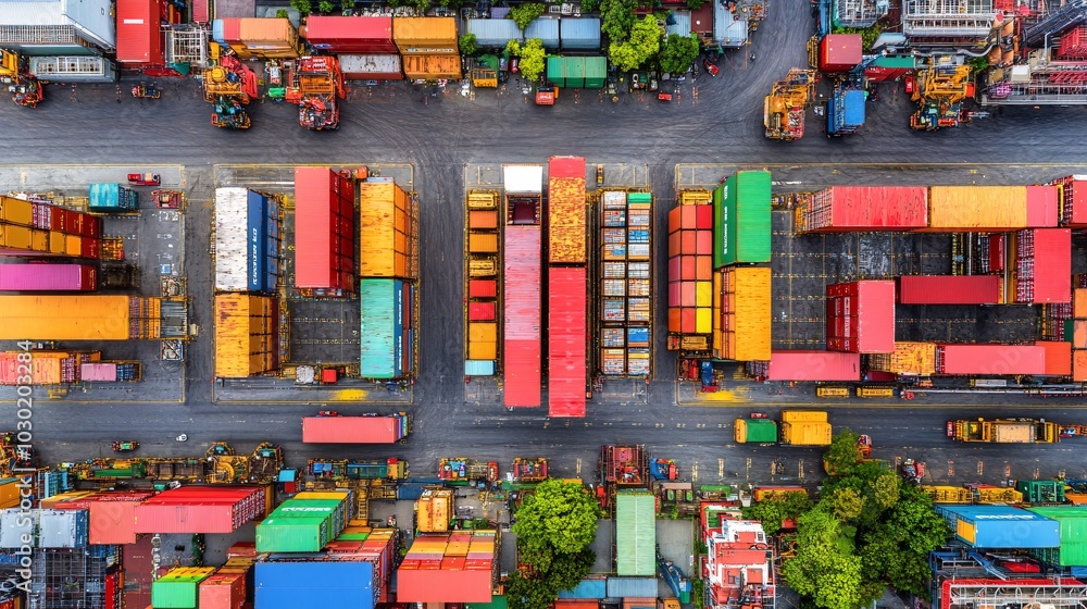 Poster Overhead view of a sprawling logistics hub with trucks and containers moving goods efficiently Stock Photo with side copy space