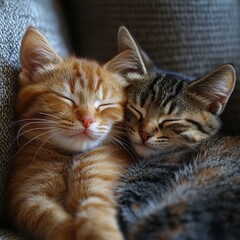 Fototapeta premium Mother cat and kitten cuddling together in a heartwarming scene.