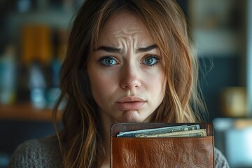 Worried Woman Facing Financial Stress with Empty Wallet