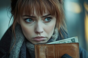 Worried Woman Facing Financial Stress with Empty Wallet