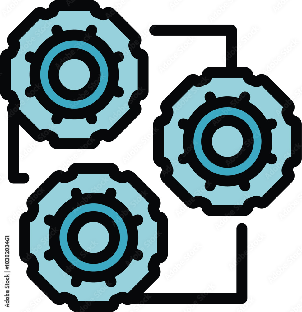 Poster digital network algorithm with connected gear wheels icon, filled outline design