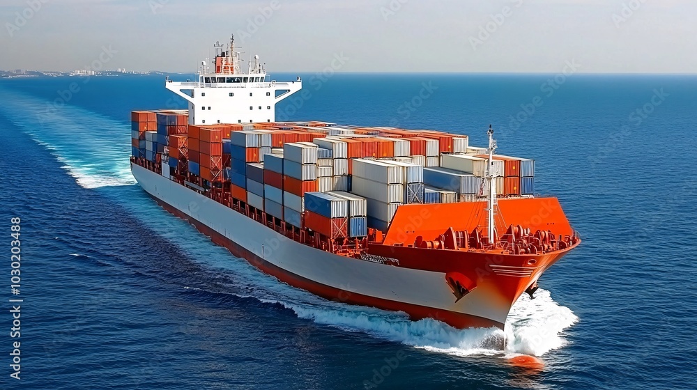 Poster container ship moving through an ocean freight route delivering goods between countries stock photo 
