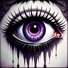Mystical purple eye with dramatic eyelashes and dripping paint effect on a dark background