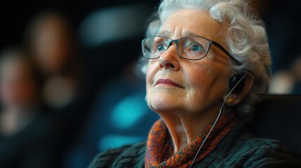 An elderly person using a hearing loop system at a public lecture, listening attentively to the speaker.
