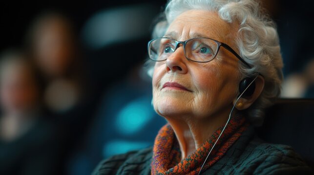 An elderly person using a hearing loop system at a public lecture, listening attentively to the speaker.
