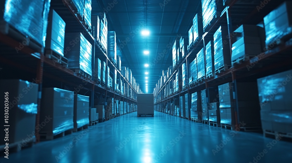 Poster Automated warehouse with robotic arms handling inventory and preparing goods for shipment Stock Photo with side copy space