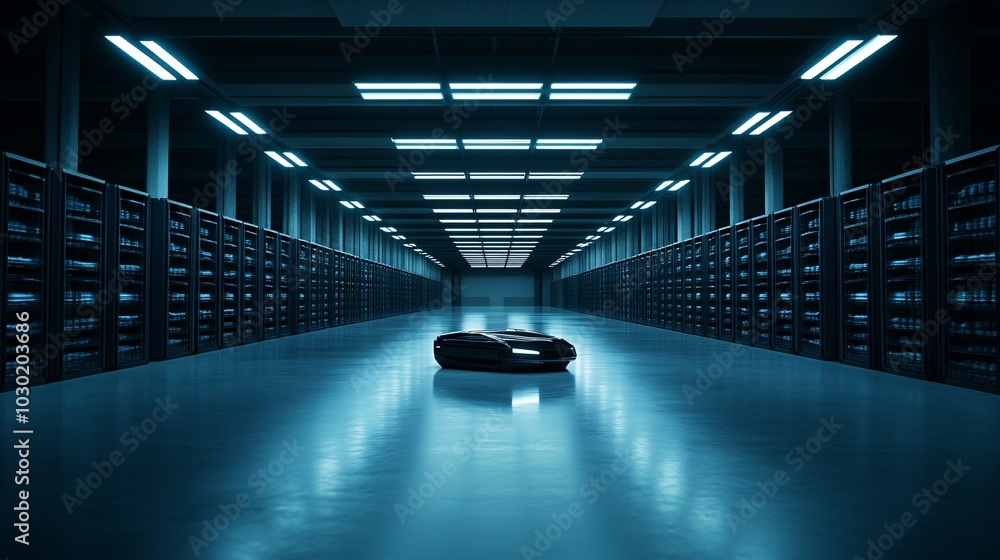 Poster Automated warehouse with robotic arms handling inventory and preparing goods for shipment Stock Photo with side copy space