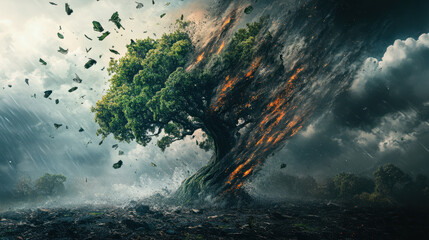 powerful tree stands amidst chaotic landscape, torn apart by fierce winds and flames, symbolizing natures struggle against destruction. scene evokes sense of urgency and resilience