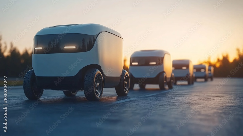 Aufkleber Delivery robots navigating through an urban environment carrying packages to customers Stock Photo with side copy space
