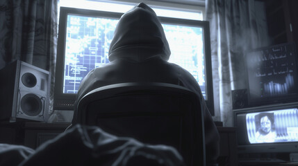 Entering the Shadow Realm of Hacking: An Enigmatic Hacker Decoding Cryptic Code, Hooded and Engaged in a Monitor, Immersive Widescreen Cybersecurity Scene