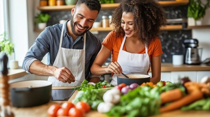 A cheerful couple enjoys cooking together in a kitchen, fostering joy and connection while preparing fresh ingredients for a delightful meal.