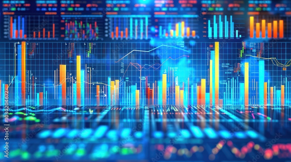 Poster colorful bar graphs and line charts displaying financial data