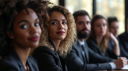Fototapeta premium A group of people are sitting at a table in a business meeting, they are all wearing business attire. One woman with blonde curly hair looks directly at the camera.