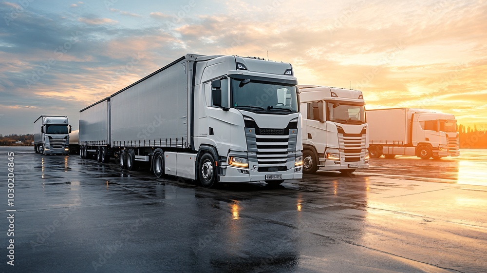 Poster trucks and trailers lined up in a logistics center waiting for goods to be loaded for delivery stock