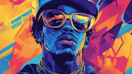 An illustration of a 1980s hip hop album cover design, featuring bold typography, vibrant colors, and graffiti-inspired artwork, with a central figure in classic hip hop attire.