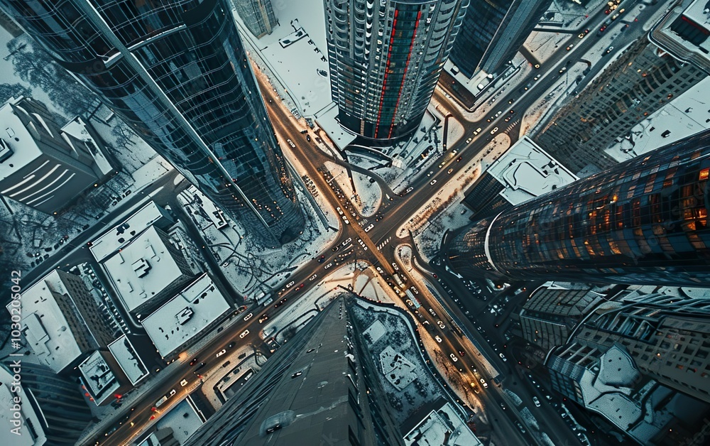 Wall mural winter crossroad poster. aerial shot of lit city streets covered with snow. top view perspective, me